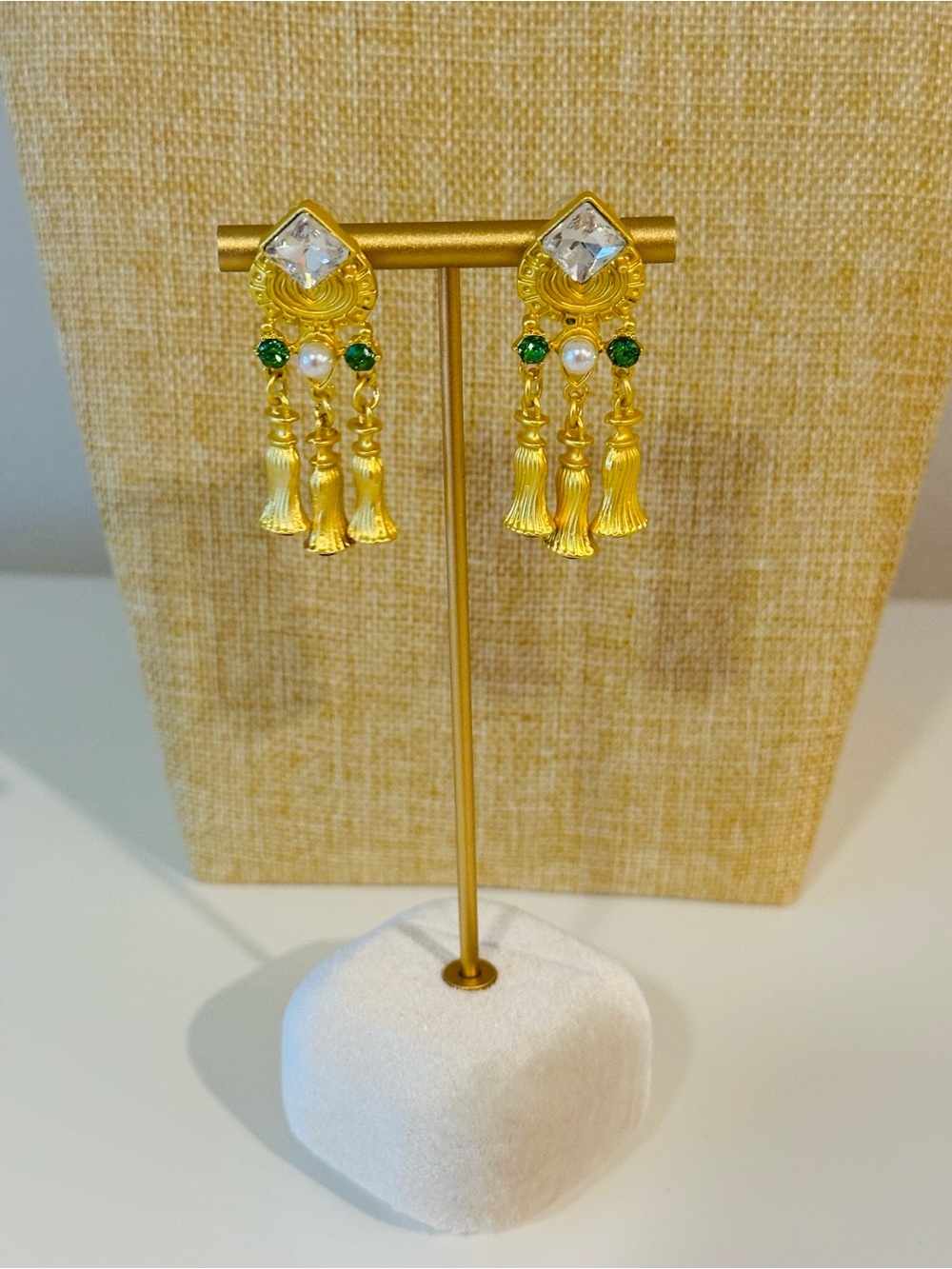 Fashion Jewelry Gold Tassel Earrings with Green, Red, and White Accents